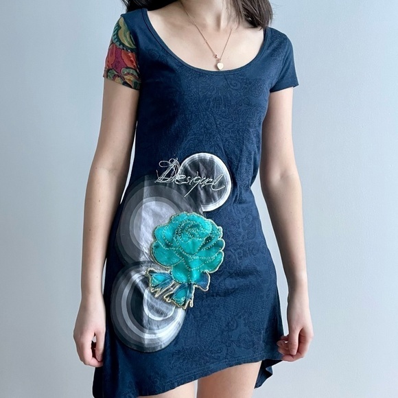 DESIGUAL BLUE FLORAL PRINT  MULTICOLOURED TUNIC - XS - Picture 1 of 16